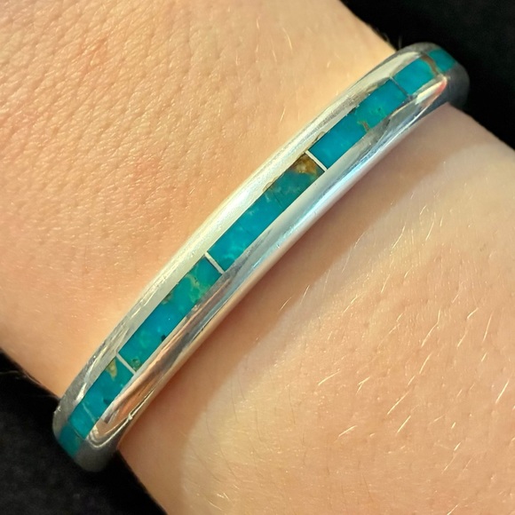 Vintage Zuni Larry Loretto Sterling Silver Turquoise Inlay Cuff Bracelet 40grams - Picture 1 of 8